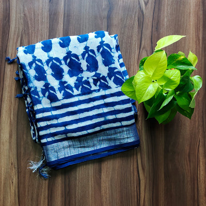 Ink-Blue Artistry: Indigo Dabu Linen Saree