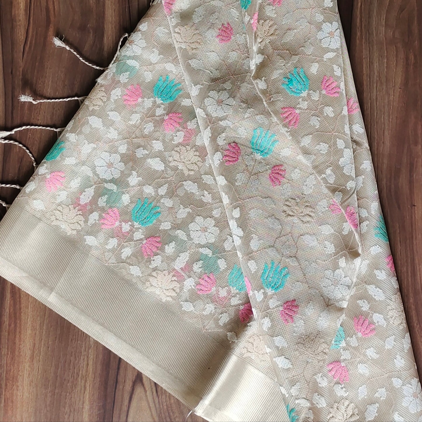 Shimmering Gold : Kota Tissue Floral Embroidery Work Saree