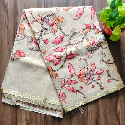 Floral Elegance: Blended Soft Tissue Kota Saree with Aplic Work