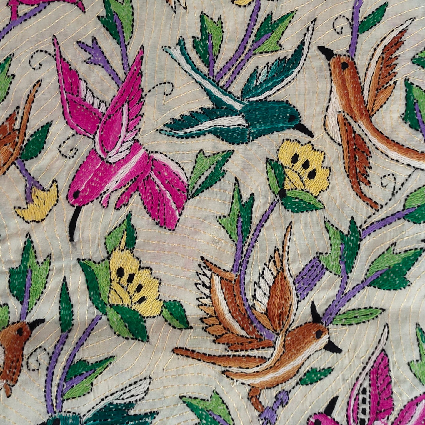 Floral Sparrow Symphony Saree : Hand Woven Kantha Pure Tussar Silk Saree