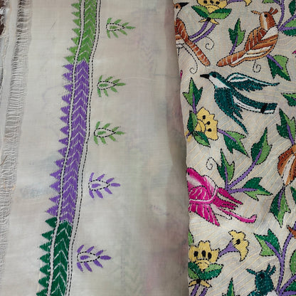 Floral Sparrow Symphony Saree : Hand Woven Kantha Pure Tussar Silk Saree