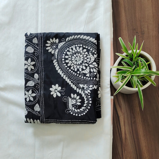 Monochrome Elegance: Black Kantha Saree with White Rangoli Embroidery