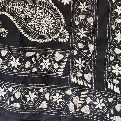 Monochrome Elegance: Black Kantha Saree with White Rangoli Embroidery