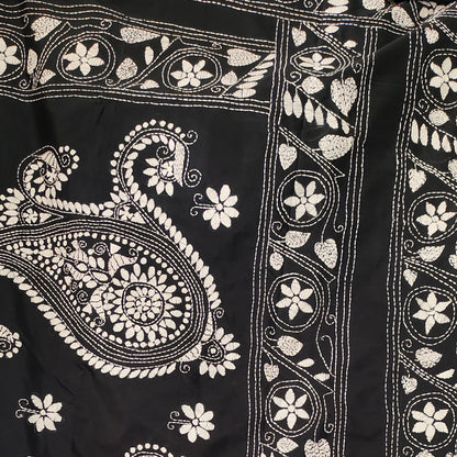 Monochrome Elegance: Black Kantha Saree with White Rangoli Embroidery