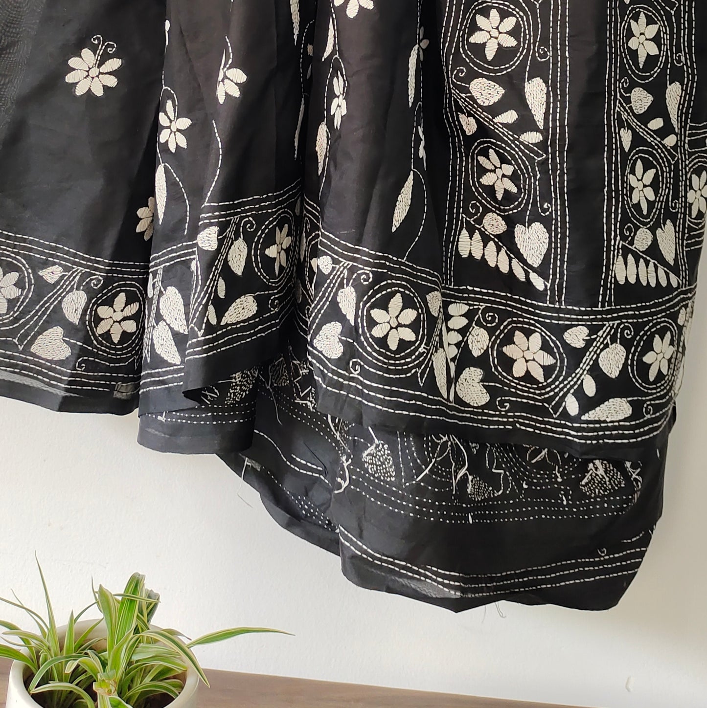 Monochrome Elegance: Black Kantha Saree with White Rangoli Embroidery