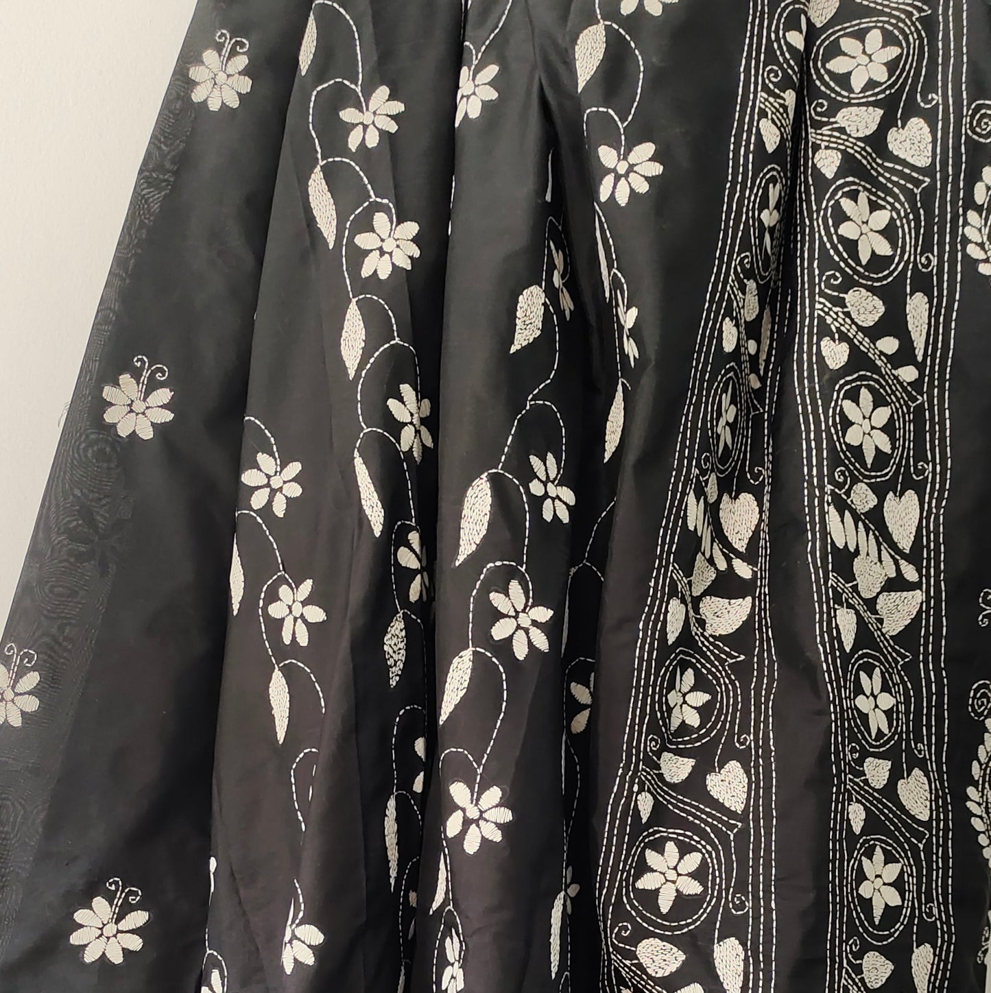 Monochrome Elegance: Black Kantha Saree with White Rangoli Embroidery