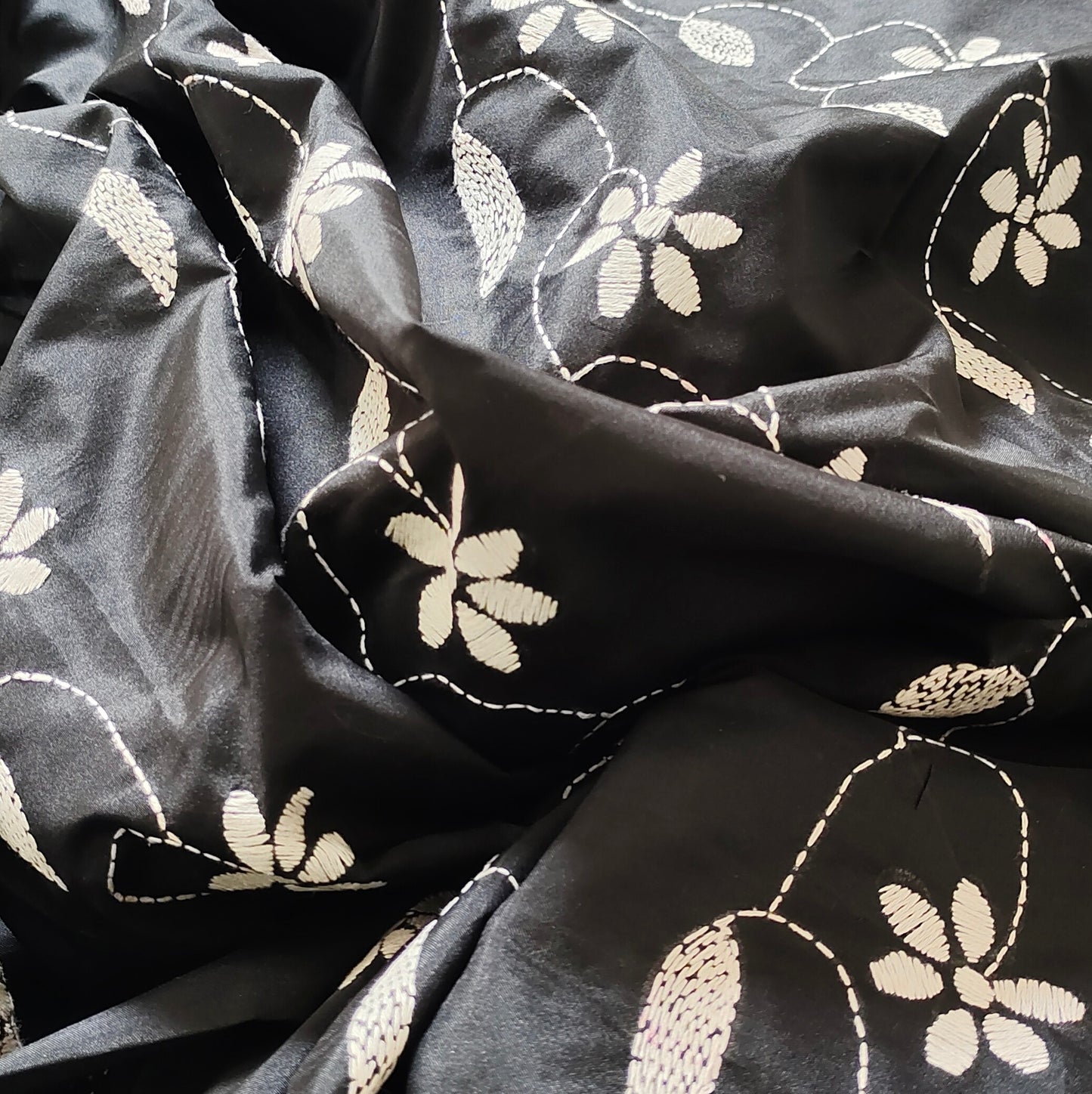 Monochrome Elegance: Black Kantha Saree with White Rangoli Embroidery