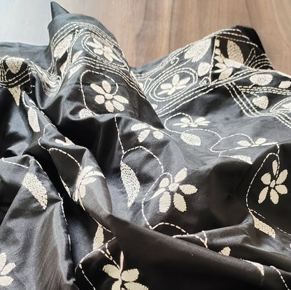 Monochrome Elegance: Black Kantha Saree with White Rangoli Embroidery