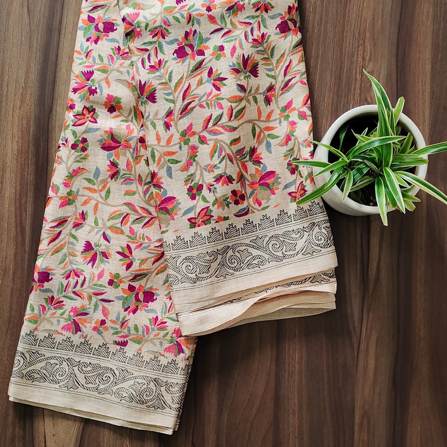 Kaleidoscope Blooms: Pashmina Silk Saree with Colorful Floral Pattern