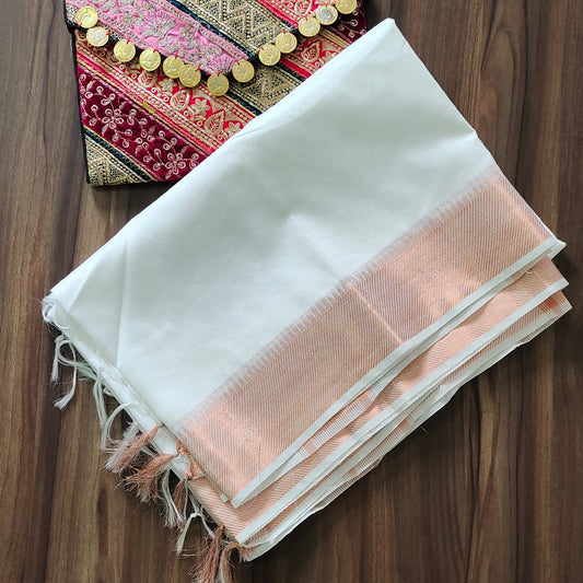 Copper Elegance: White Bhagalpuri Silk Saree with Copper Zari Border
