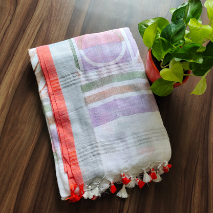 Geometric Fusion in Cotton Linen Saree