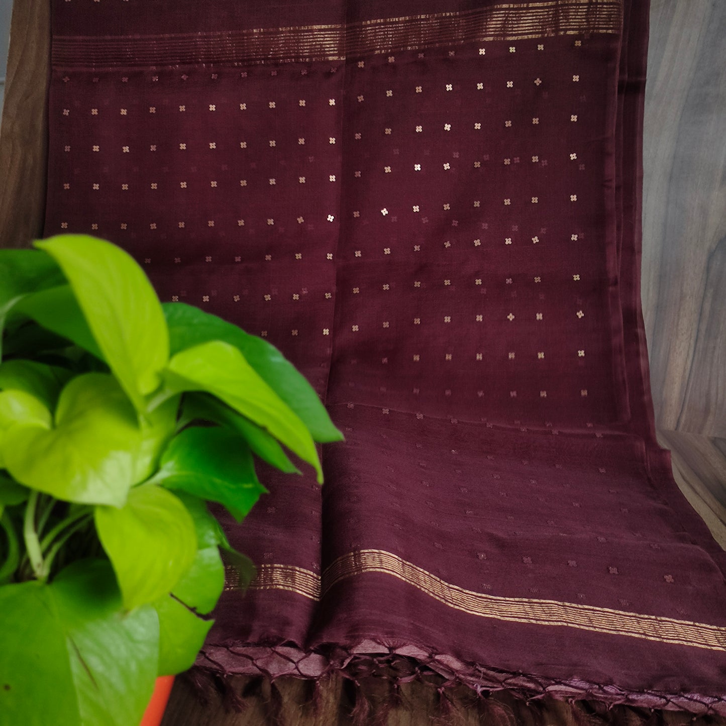 Blooming Wine Symphony: Pure Kora Silk Saree with Sequence Work