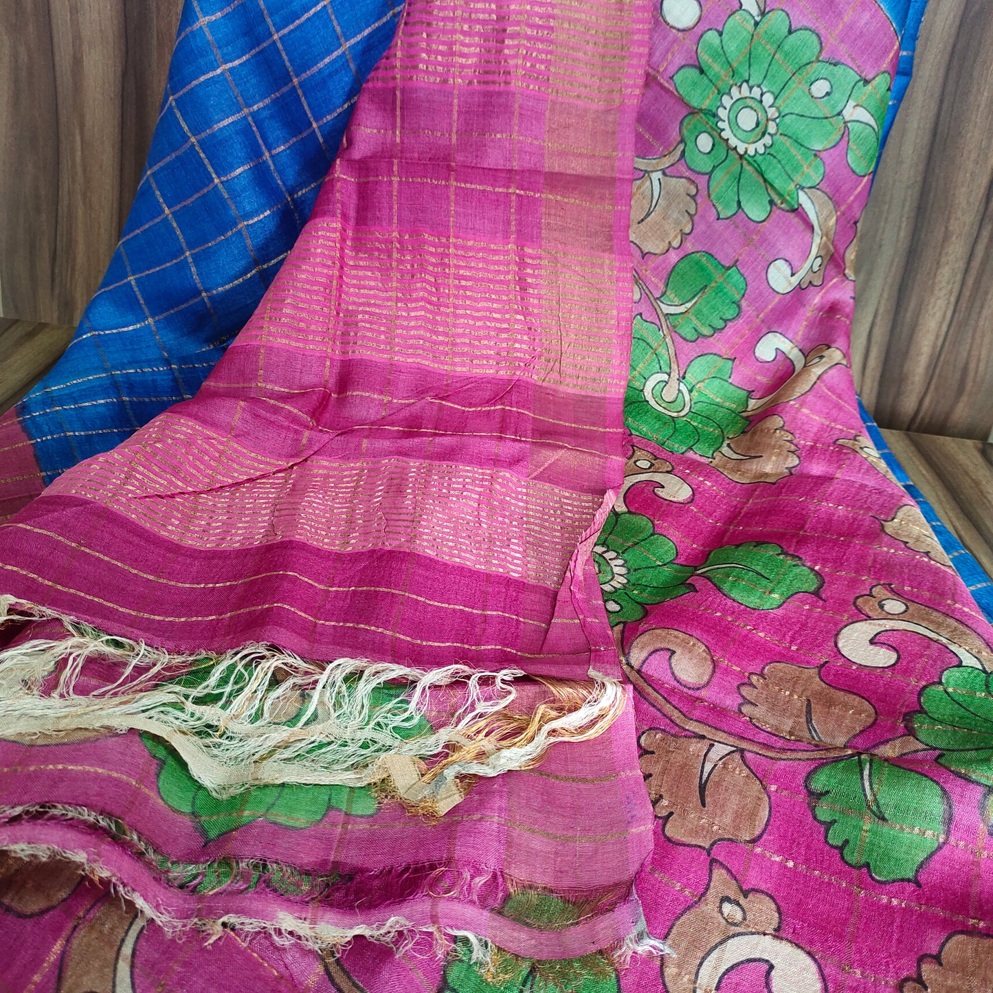 Hues of Tradition: Pure Tussar Silk with Hand Painted Kalamkari Blouse