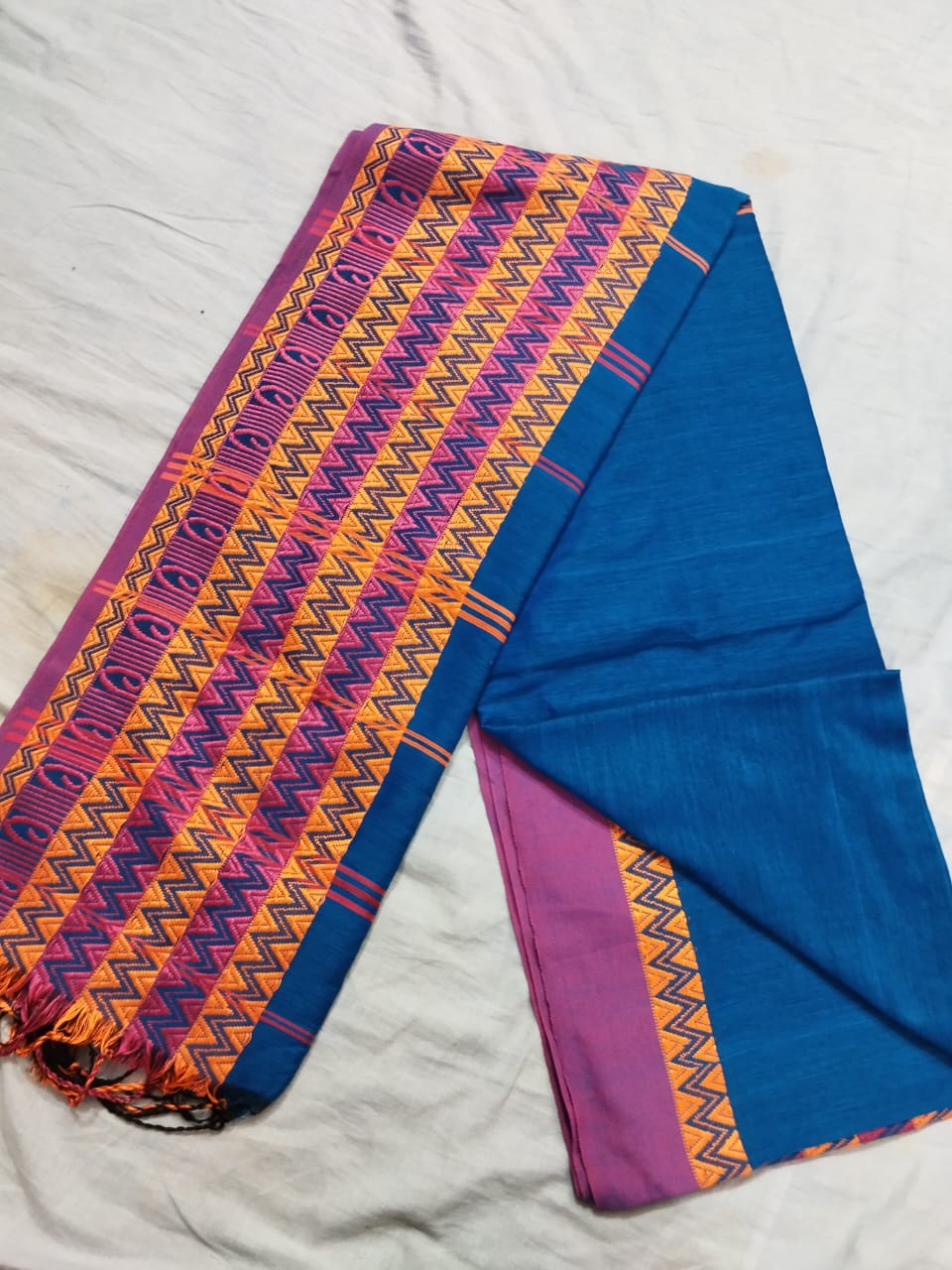 Blue Handloom Cotton Saree with Pink Border