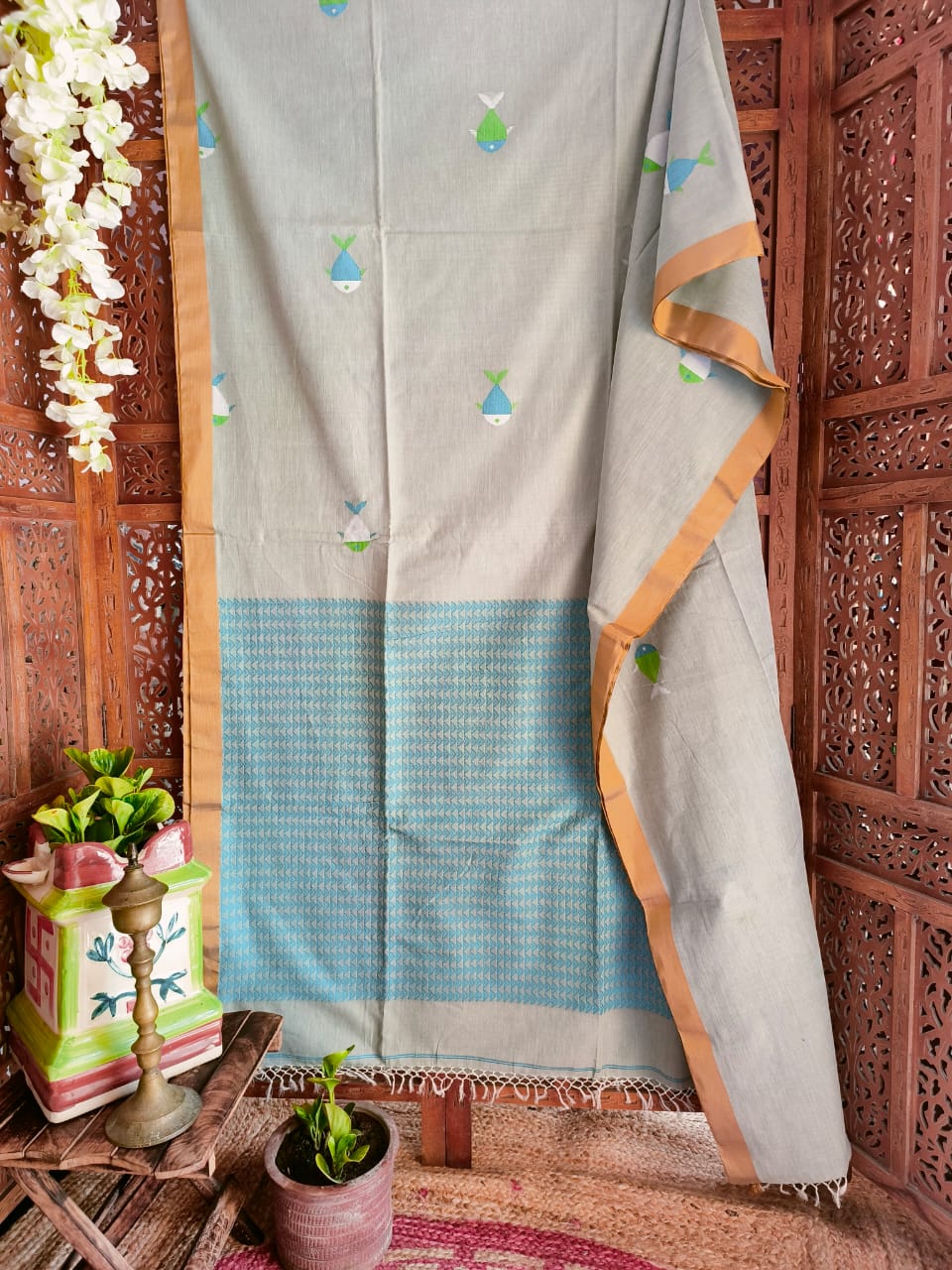 Handloom Striped Khadi Cotton Saree: